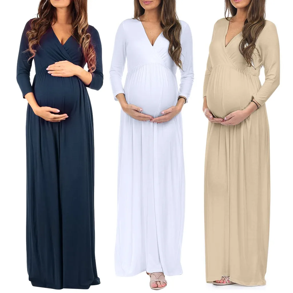 Maternity Dresses Summer sexy dress women Pregnant Clothes Cotton 3/4 Sleeve Casual Ruched Loose Plus Size Maxi Dress pregnancy