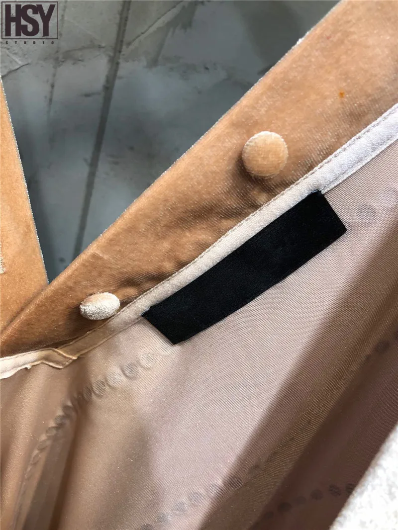 【HSY】2019 осень зима новые женские горячие полосы розовый бархат с длинным рукавом