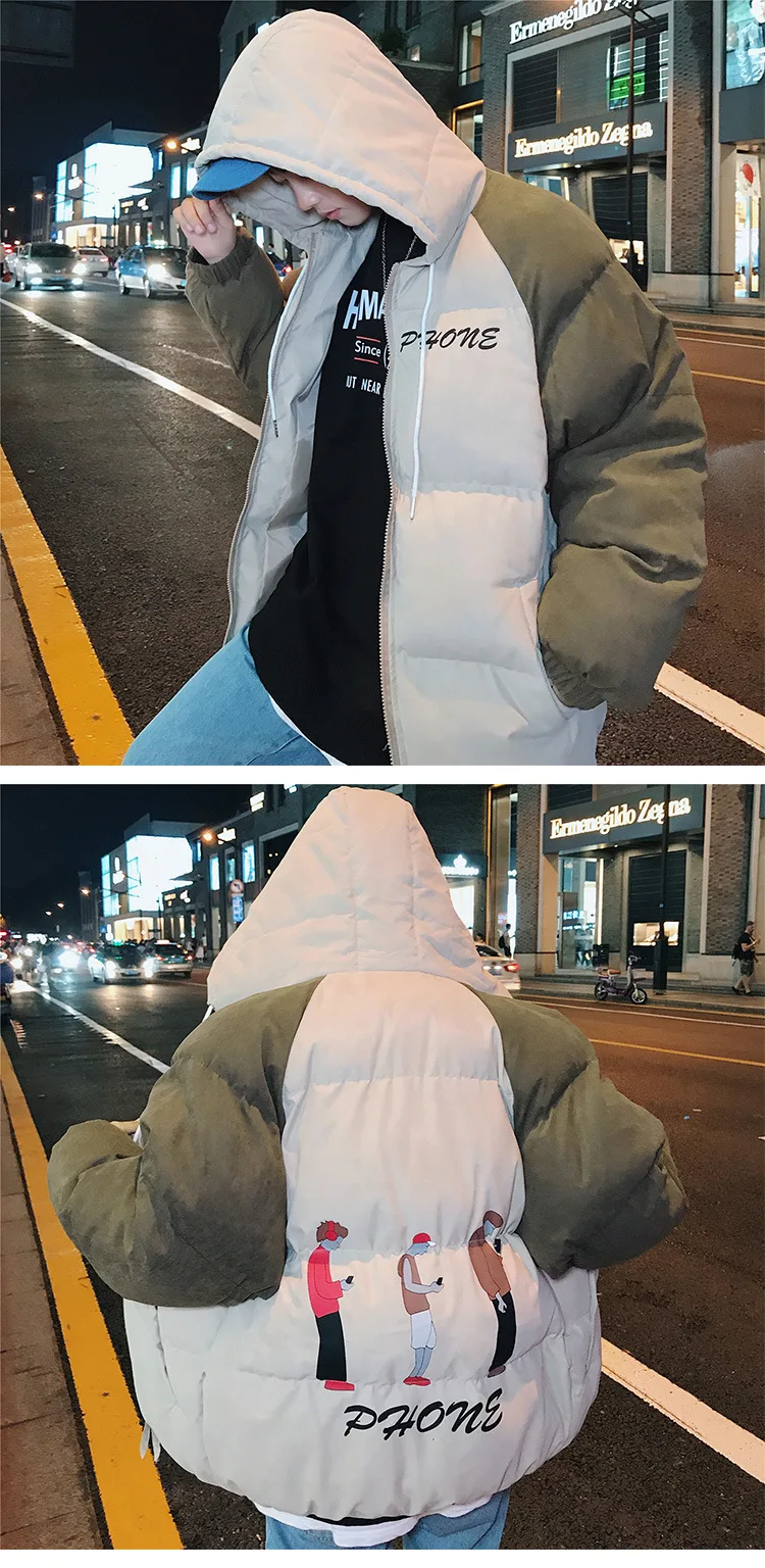 Новинка, Новое Стильное мужское хлопковое пальто с капюшоном, COUPLE'S, контрастный цвет, пуховое пальто, свободное и плюс размер, хлопковое пальто с хлопковой подкладкой J