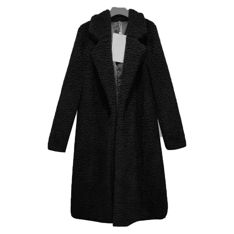 Осенне-зимнее плюшевое пальто из искусственного меха для женщин, Повседневная Длинная Куртка размера плюс, Женский плотный теплый флисовый кардиган, свободная однотонная верхняя одежда - Цвет: Черный