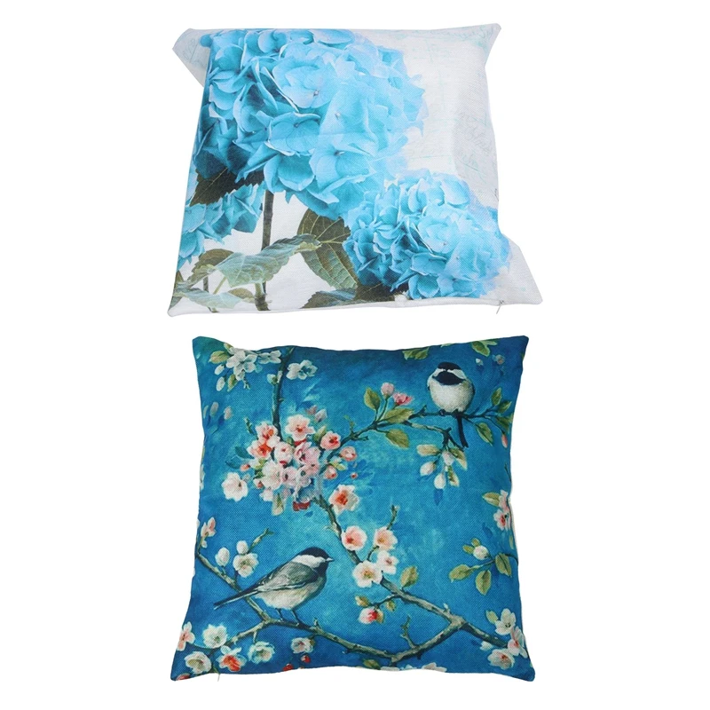 2 Pcs Car Sofa Cushions Pillowcase Cherry Blossom Branch Bird &amp Teal Hydrangea | Дом и сад