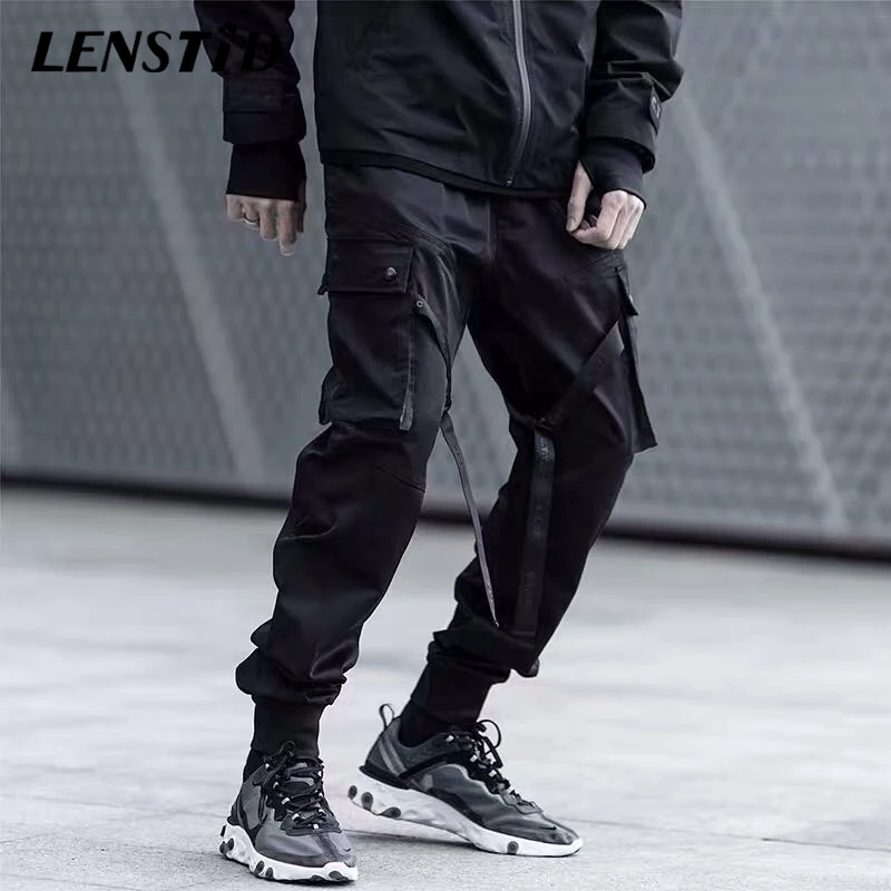 LENSTID Новинка Хип-хоп Высокая уличная халява лента брюки карго карман мужские Harajuku черные шаровары c принтом уличная пот брюки