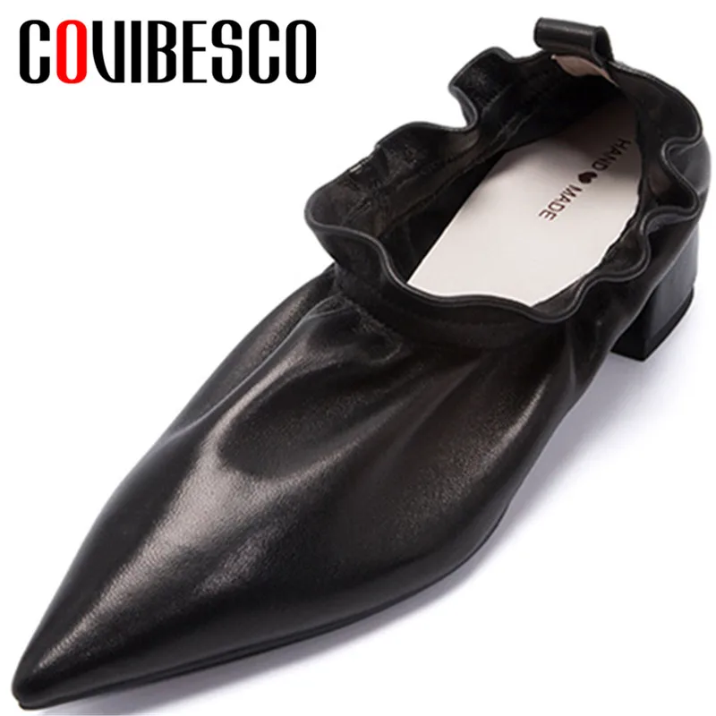 

COVIBESCO Classic Design Women Pumps Cow Leather Spring Autumn Casual Shallow Slip-on Pointed Toe Square Heeled Shoes Woman