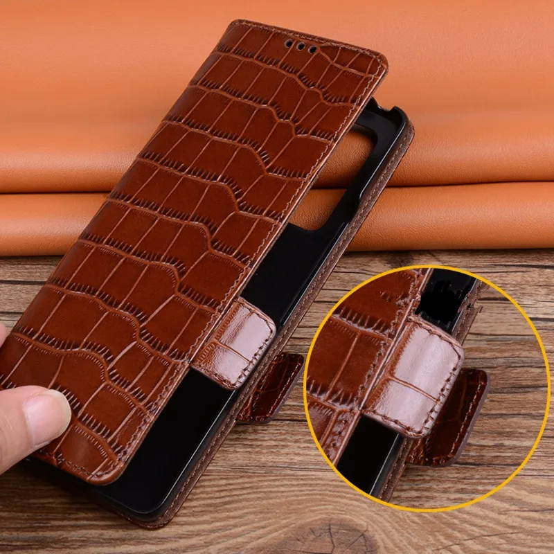 Genuine Cowhide Leather Flip Wallet Case for Samsung Galaxy Z Fold5 Fold 5 4 3 Magnetic Buckle Alligator Crocodile Grain Cover