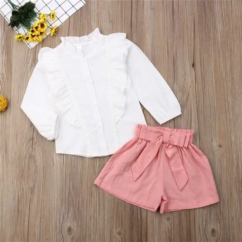 CANIS; Повседневная модная одежда для малышей; блузка с оборками для маленьких девочек; рубашка и короткие брюки; шорты; детская одежда; комплект из 2 предметов