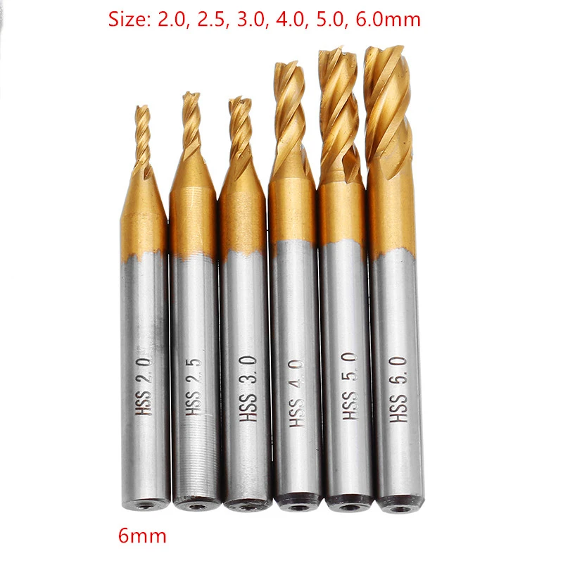 Milling Cutters 4 Flutes HSS Titanium End Mill Set 6/10Pcs 1.5-6mm 6mm Shank For Wood Metal Steel