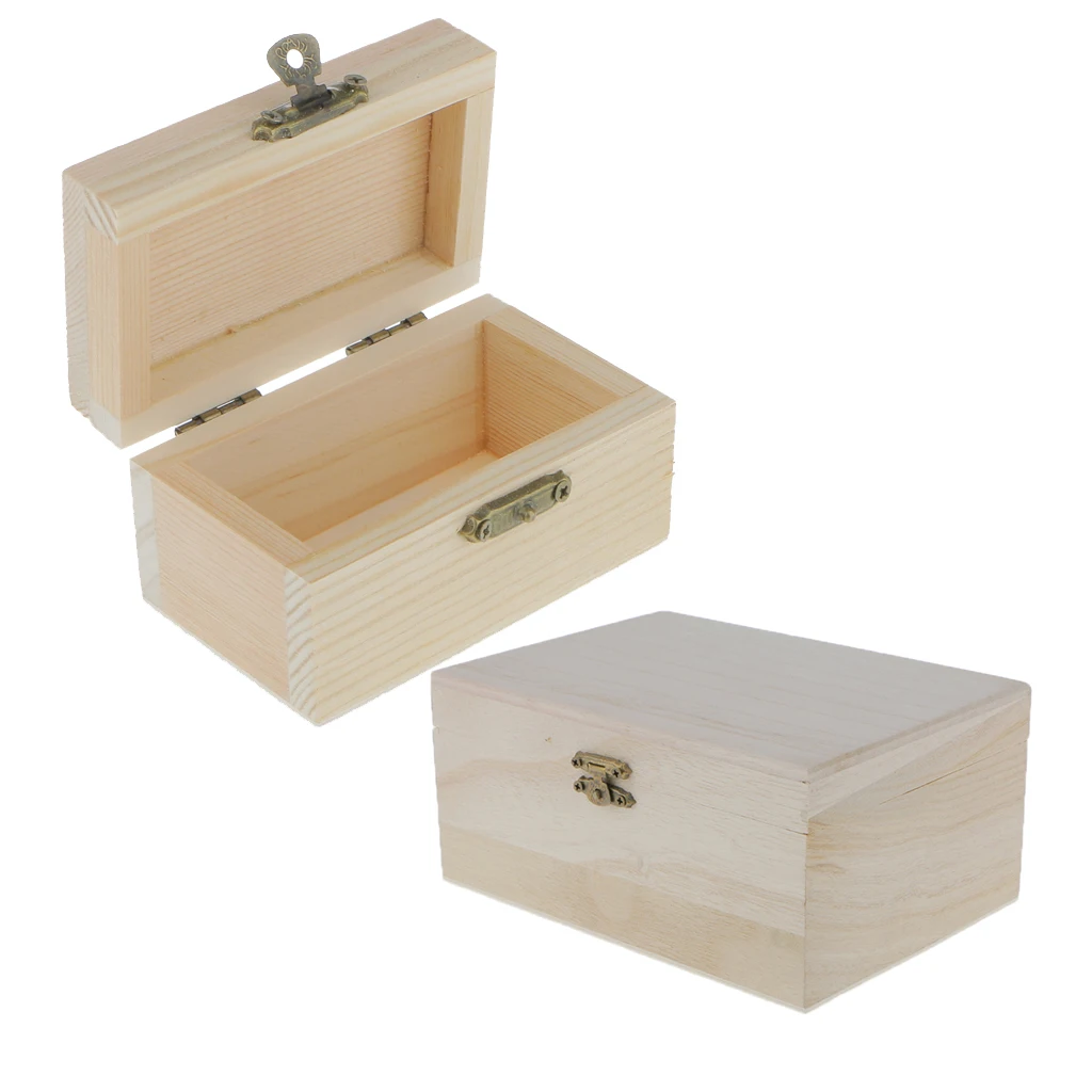 2pcs Small Unfinished Wooden Jewelry Case Plain Wood Box Organizer Keepsake DIY Crafts