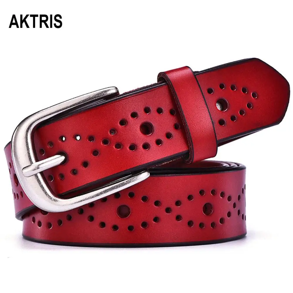 

AKTRIS Quality Holes Hollowed Genuine Leather Belts Slivery Buckles Metal Ladies Retro Belt for Women Jeans 2.8cm Wide FCO127