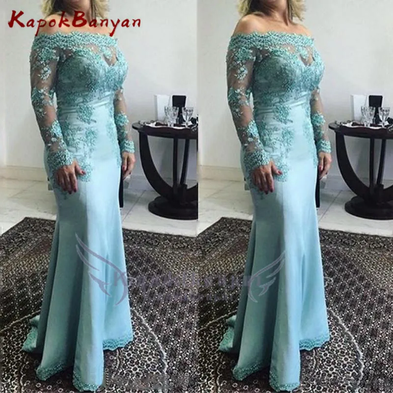 Mermaid Appliques Off Shoulder Long Sleeves Satin Lace Formal Evening Party Gown