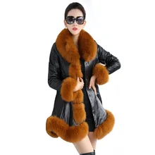 Women Slim Coat Large Size 6XL Faux Fox Fur Large Fur Collar Thicken Warm Clothing Ladies Leather Fashion Mid-length Slim Coats