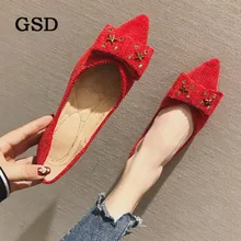 Женская обувь на плоской подошве с бантом Стразы повседневная женская обувь Весна острый носок Туфли без каблуков женские слипоны