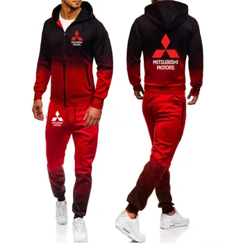 

Hoodies Men Mitsubishi Car Logo Print Casual Harajuku Gradient color Hooded Fleece zipper Jacket Sweatshirt Sweatpants Suit 2pcs