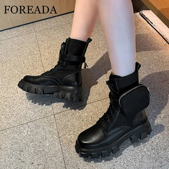 

FOREADA High Heel Motorcycle Boots Woman Real Leather Ankle Boots Platform Lace Up Short Boots Chunky Heel Ladies Shoes Beige