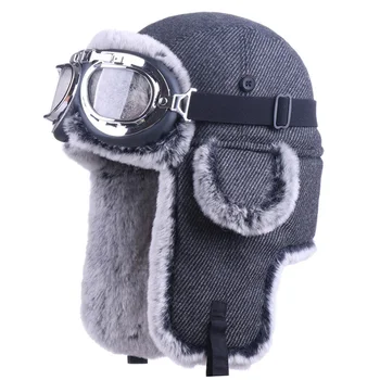 

Thicken Bomber Hats Russian Winter Trapper Trooper Wool Earflap Pilot Aviator Snow Cossack Men Faux Fur Ushanka with Ski Goggles