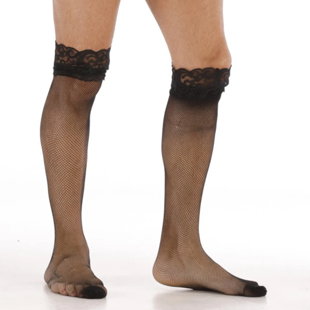 Men's Sexy Floral Black Lace Trim Knee High Stockings Hosiery Fishnet Socks Transgender Costumes Men's Sexy Floral Black Lace Trim Knee High Stockings Hosiery Fishnet Socks Transgender Costumes