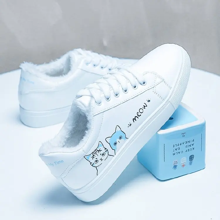 Blue-1 Женские теплые кроссовки на меху; женская Вулканизированная обувь с перекрестной шнуровкой; Женская Повседневная Удобная Обувь из искусственной кожи с плюшевой подкладкой; Лидер продаж; Новинка - Цвет: Blue-1