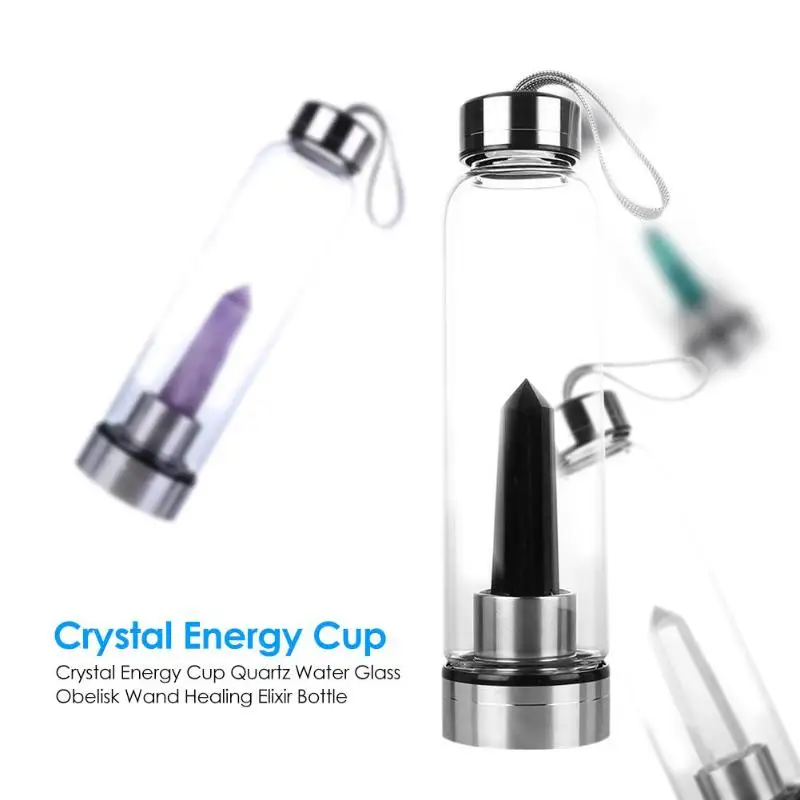 

Natural Crystal Energy Cup Quartz Water Glass Obelisk Wand Healing Elixir Bottle comesbotella de agua with crystal column