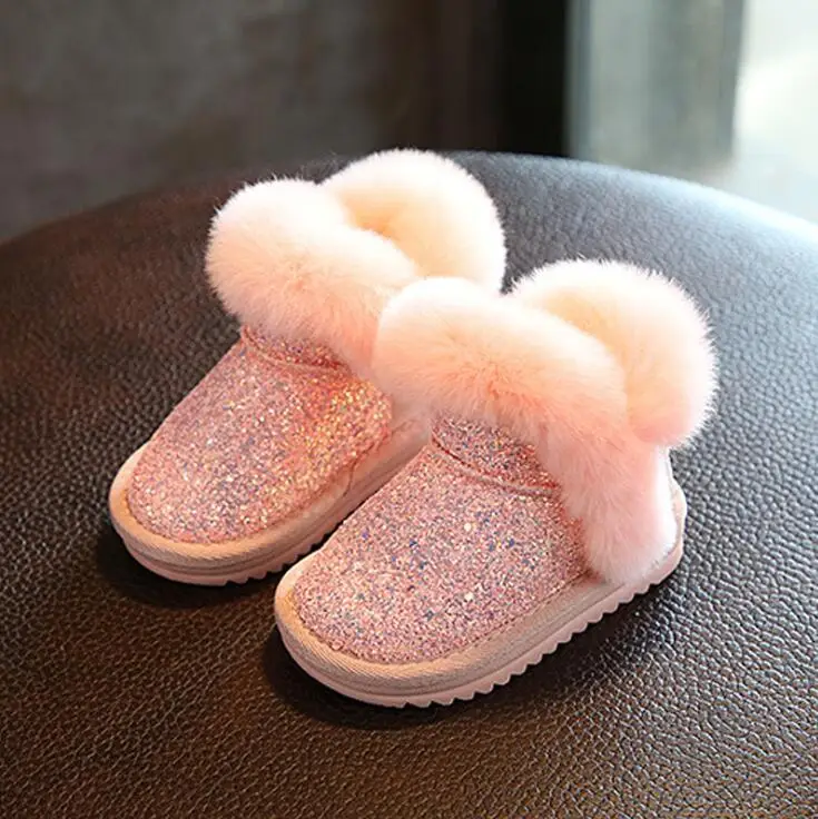 Детская зимняя женская обувь на кроличьем меху, ботинки-мартинсы, из хлопка для малышей Спортивная обувь с блестками, натуральная кожа сапоги "принцесса" - Цвет: picture color