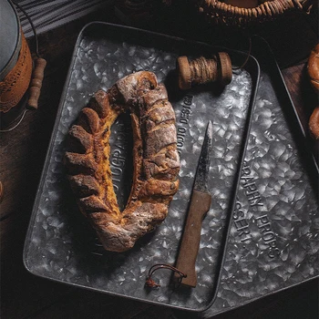 

Embossed Words Antique Industrial Galvanized Metal Serving Tray Retro Emboss Fruit Dessert Cake Bread Teacup Plate Decorative