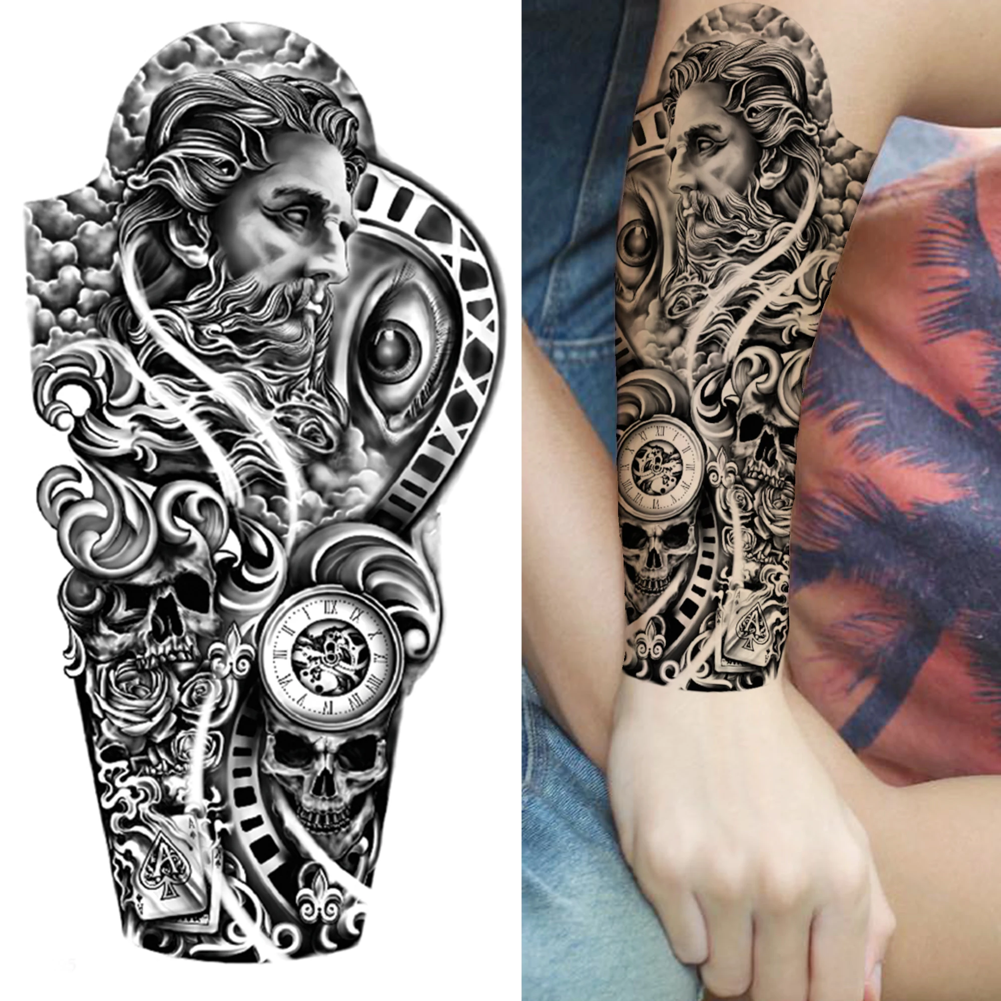 Compass Wolf Temporary Tattoos For Men Women Adult Fake Lion Tattoo Sticker Tiger Black Tribal Body Art Drawings Tatoos Arm