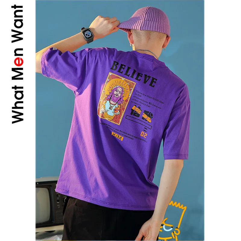 

IVRESSE Purple Letter Cartoon Print Basic T-shirt Men Short Sleeve O-neck Top Tee Male White Fashion Casual Hip Hop Streetwear