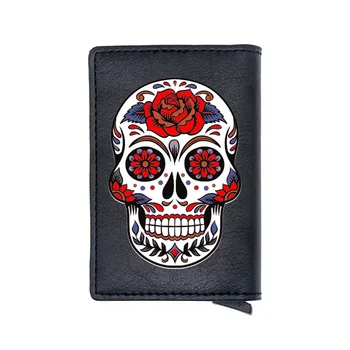 

New Fashion Skull Flower Printing RFID Blocking Men's Credit Card Holder Leather Bank Card Wallet Case Protection Purse