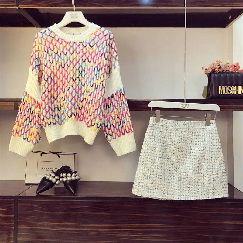 Осень-зима, женский разноцветный пуловер с радужным ромбовидным узором, свитер+ твидовая мини-юбка, комплект из двух предметов, комплекты для девочек