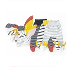 Новинка года, брендовые штаны для новорожденных мальчиков и девочек+ шапочка, комплект из 2 предметов, осенне-зимняя одежда штаны в полоску с длинными ушками, шапка, детские штаны