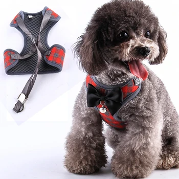 

Pet Dogs Vest Harnesses with Leash Set Cats Basic Plaid Padded Chest Vest Kitties Puppy Small Pets Tie Bell Nylon Traction Belt