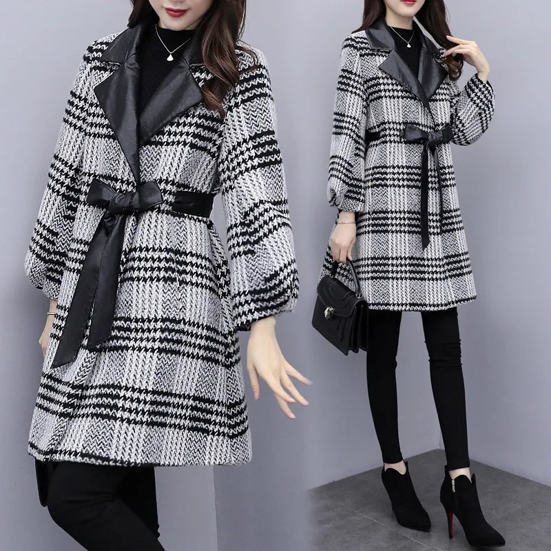 

Off Season New Style Korean-style Loose-Fit Slimming Plaid Woolen Coat Women's Mid-length Joint Lace-up Woolen Overcoat