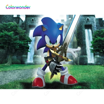 

Photography The Blue Hedgehog Sonic with Cool Face Holding Iron Sword in The Spring Garden Ancient Brick Castle Kids Backdrops