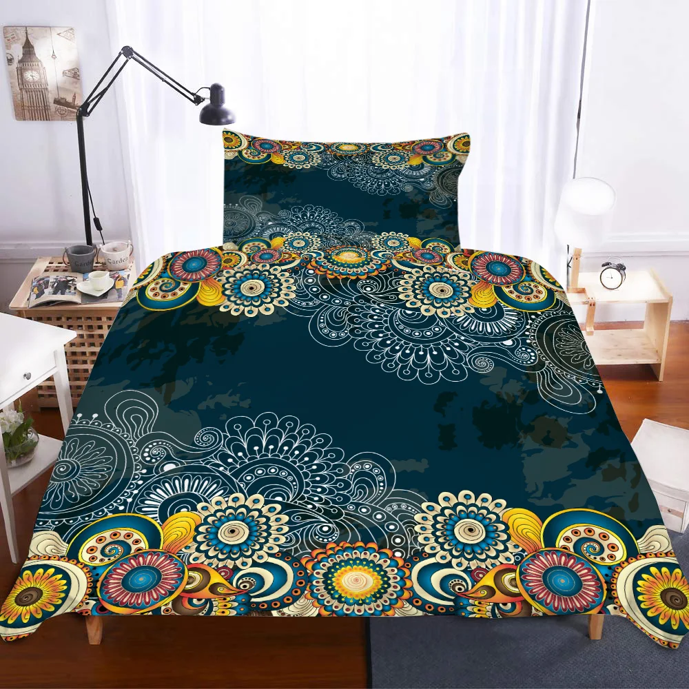 2PC Indian Ethnic Retro Flower Blue Pattern Duvet Cover Pillow Case Quilt Cover Set Bedclothes Single Bedding Sets For Bed