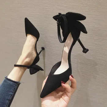 

FRENCH Style Lady's Fashion Single Shoes Pointed Shallow Back Bow Ankle Strap Kitten Heel Kid Suede Women Shoes