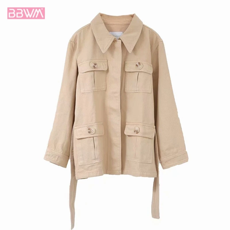 

2019 Autumn New Lapel Long Sleeve Belt Tooling Female Coat Single-breasted Beige Pocket Harajuku Women's Jacket Western Tops