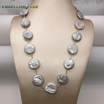 

22mm Bead 60cm/24inch +5cm Extended Chian Necktie Long Necklace Large Gray Flat Near Round Pearls With Red Golden Tube Sweater
