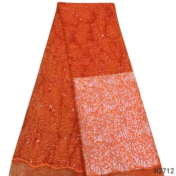 

2019 High Quality African Lace Fabrici Latest Design Orange Lace Fabric 5 Yards/pcs With Sequins Lace For Party Dress HJ2712-1