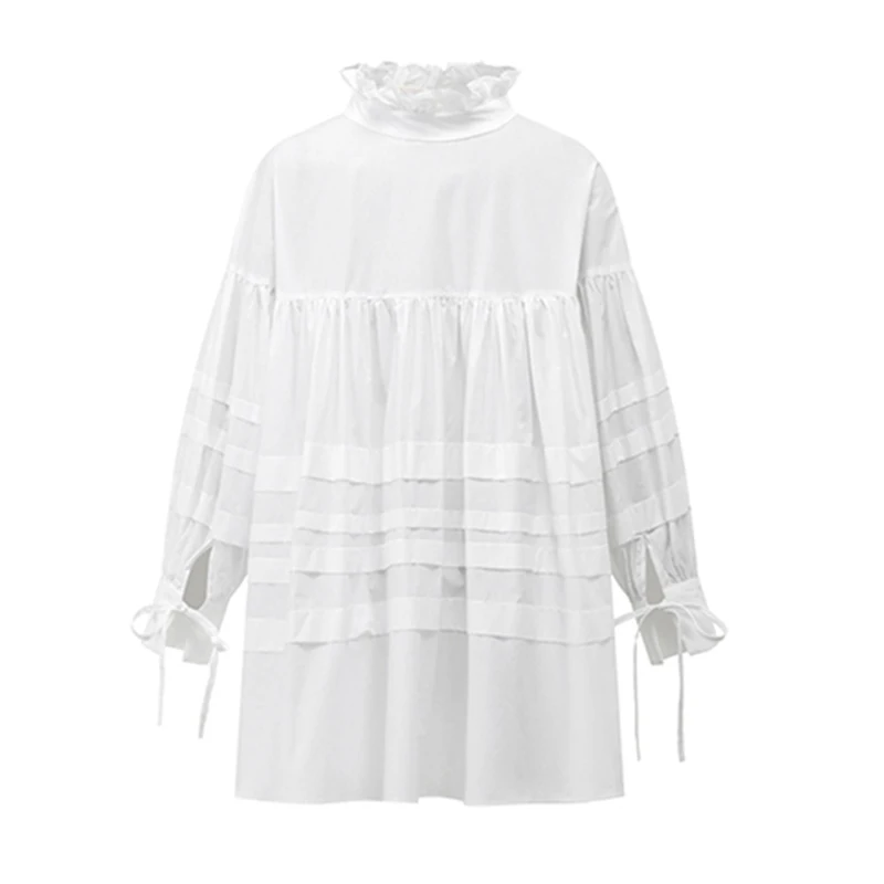 

PERHAPS U black white ruffle stand collar puff long sleeve lace-up bow loose solid shirt autumn B0663