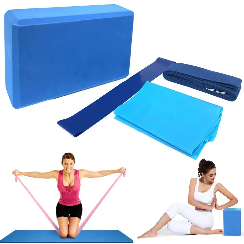 

4pcs Yoga Equipment Set Yoga Blocks Stretching Strap Resistance Loop Band Exercise Band Yoga Mat Block Stretching Band