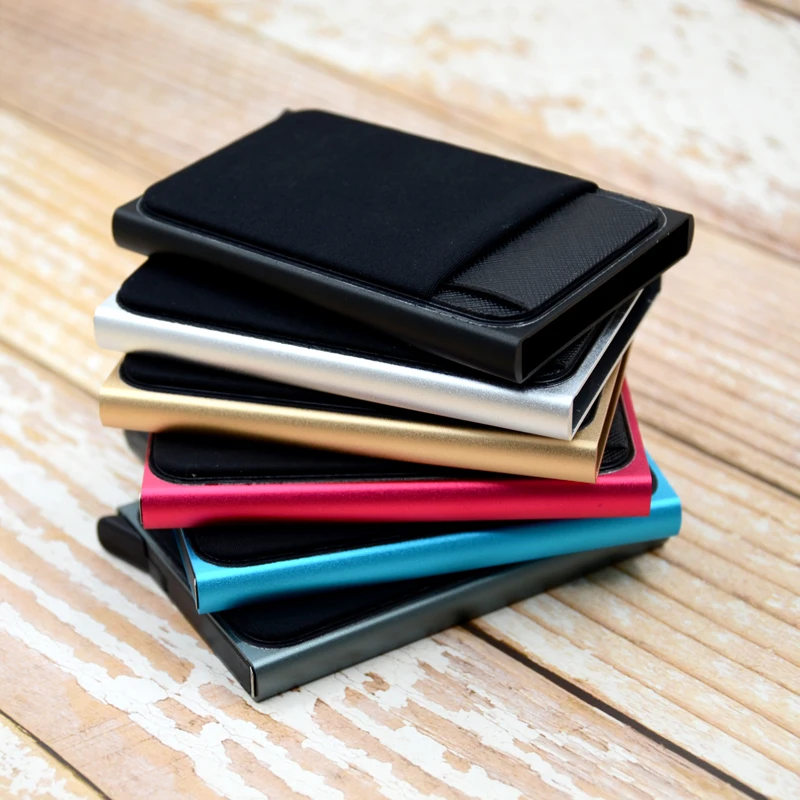 Slim Aluminum RFID Metal Card Holder with Elastic Back Pouch for Travel and ID Essentials