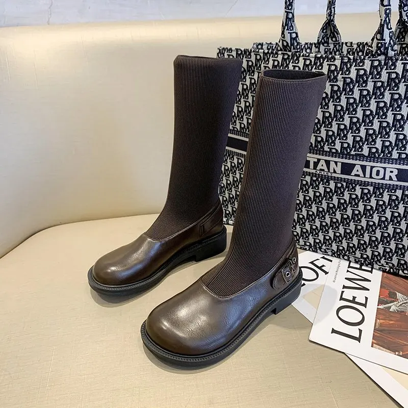 

Fashion Sock Boots for Women 2020 Autumn New Mid Tube Boot Woman Round Head Slip-Up Thick Bottom Black Leather Shoes Female