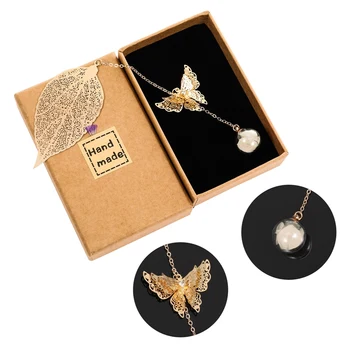 

1PC Creative Metal Leaves Butterfly Immortal Bookmark Vintage Style Bookmarks With Crystal Ball Pendant Gift Box Packing