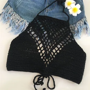 

1PC Tank Tops Shirt Plain White Halter Vest Strap Crop Tops Bra Beach Bikini Summer Short Vest Sexy Hollow Out Crochet Bikini