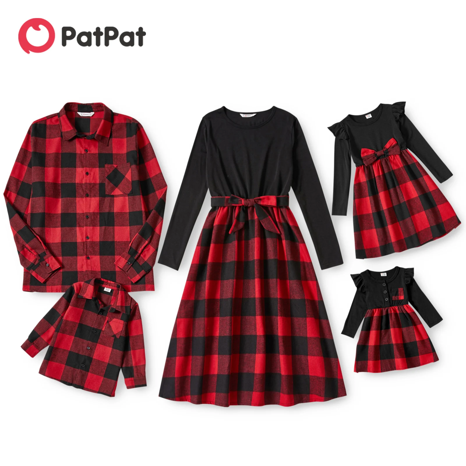 PatPat Christmas Red Plaid Splicing Black Long-sleeve Dresses and Shirts Sets