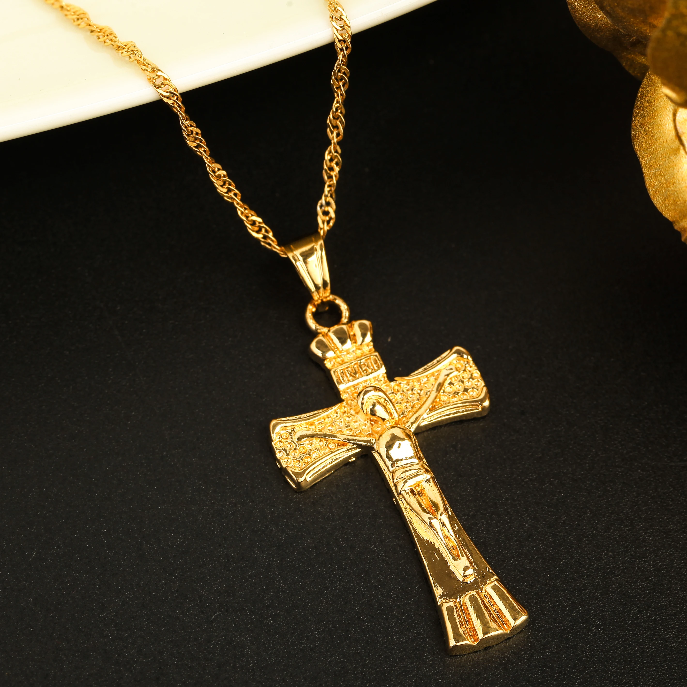 Ожерелье с кулоном в виде креста женское христианское распятие INRI Jesus 24 K золотое