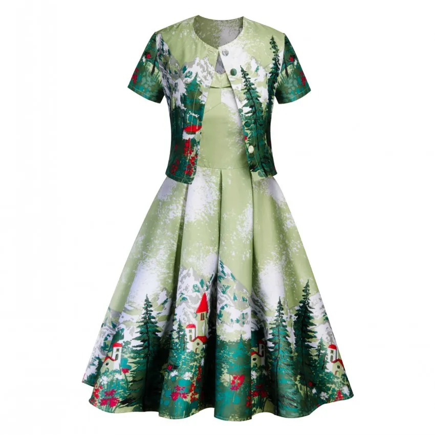 

AB2 -piece Set Women Christmas Tree Print Finger Dress Short Mouwen O -neck A -line Party Dress Swing Pin Up Herfst Dress