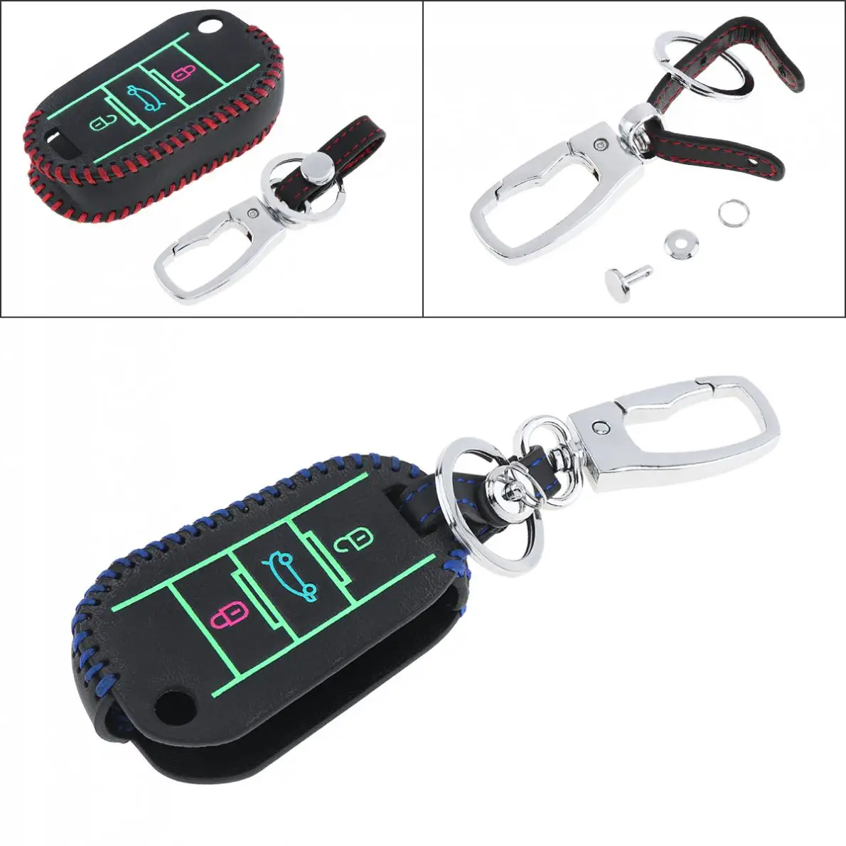 

3 Buttons Hand Sewed Leather Noctilucent Car Key Cover Protector Holder Hang Buckle for Citroen C4 CACTUS C5 C3 C4L Peugeot