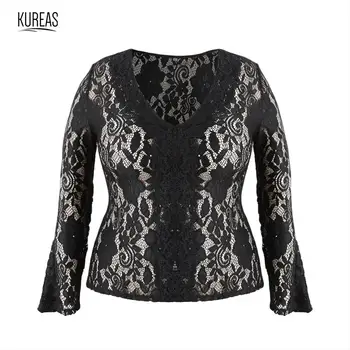 

Kureas Women Sexy Lace T Shirt Elegant Flare Sleeve High Elastic T-shirt Plus Size V Neck Winter Autumn Tops
