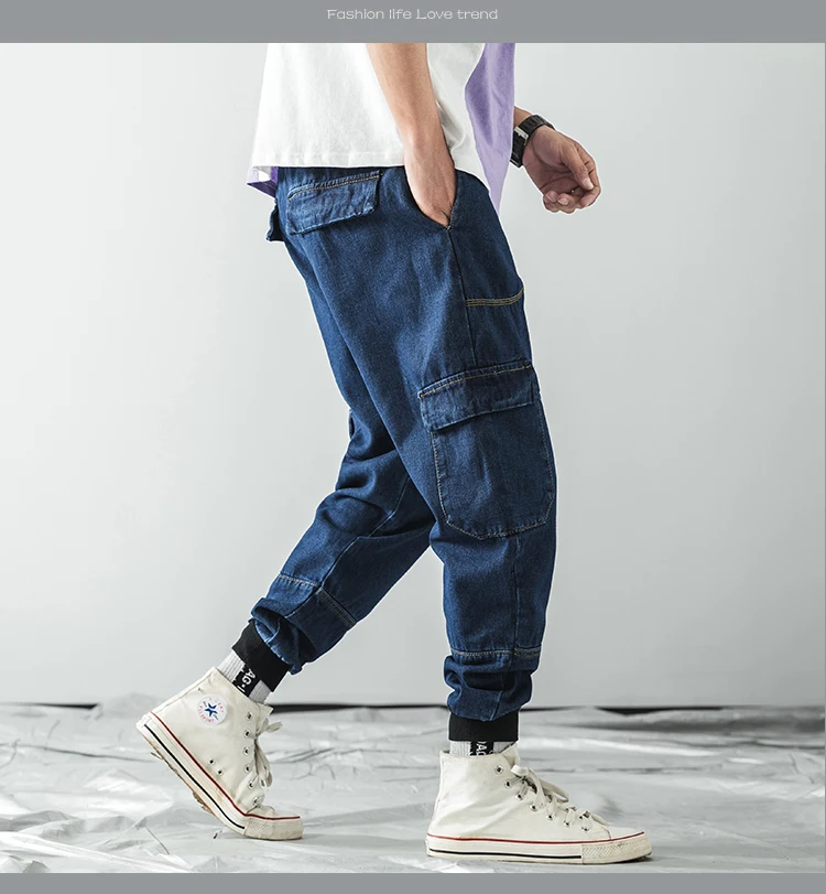 Весна осень мужские джинсы с большими карманами свободные Классические джинсы мужские джинсы дизайнерские брюки повседневные брюки с эластичной резинкой на талии FN53