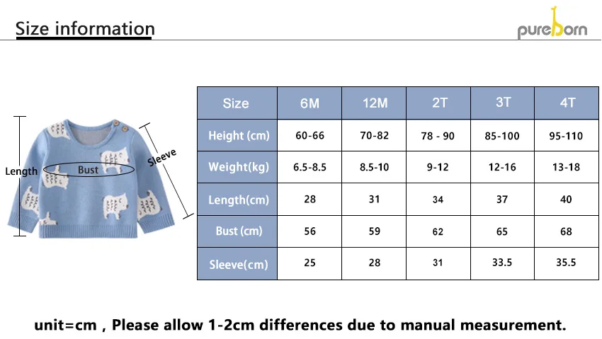 Pureborn/свитер для маленьких девочек; вязаный хлопковый пуловер с рисунком животных; свитер для мальчиков; сезон весна-осень; теплая детская одежда