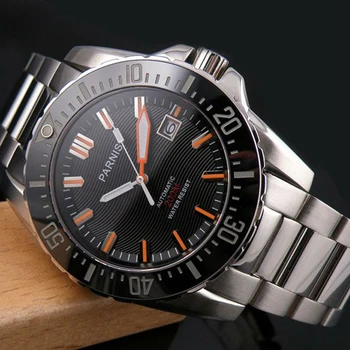 

Parnis Diver Men Watch Waterproof Orange Hands Stainless Steel Band Automatic Mechanical Metal Men's Watches mekanik kol saati